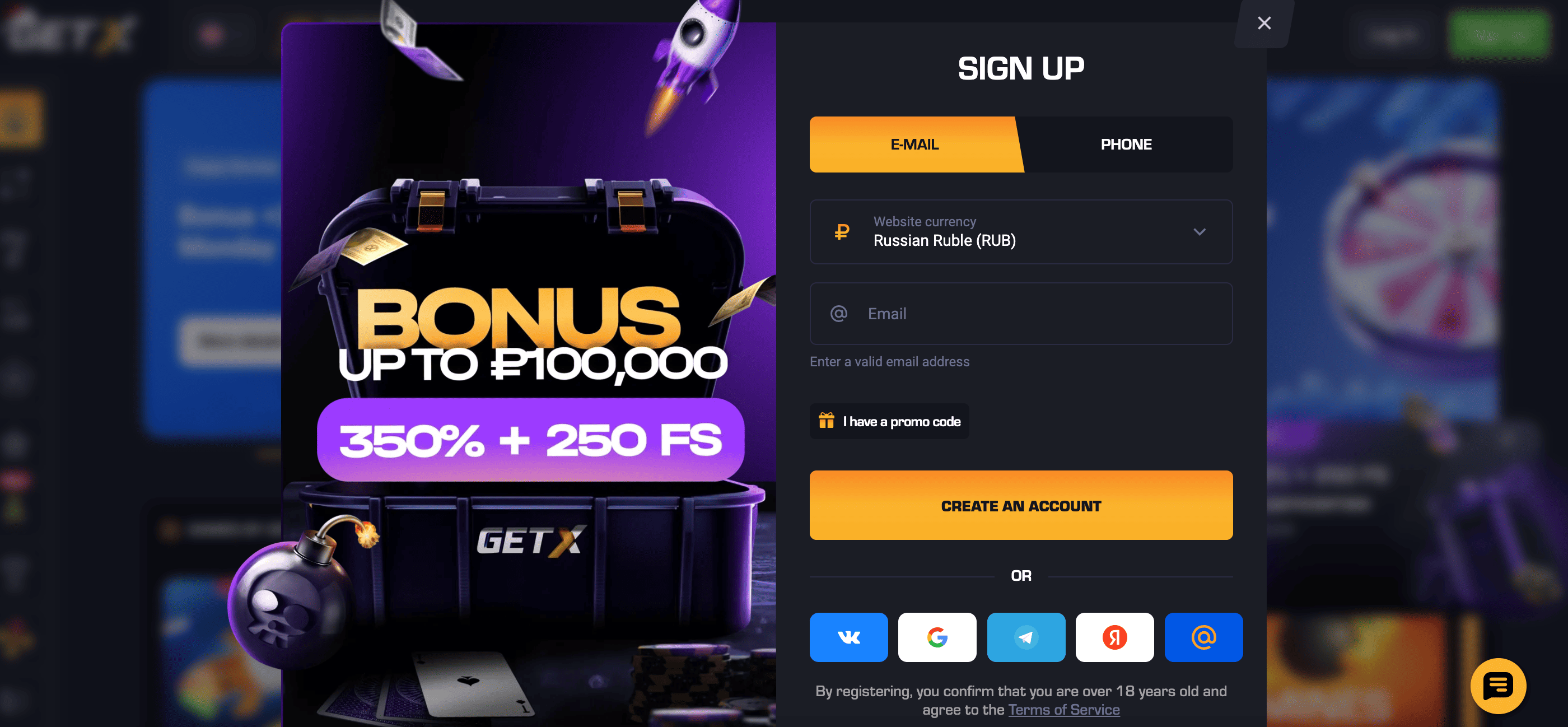 Getx: cómo registrarte y jugar en el sitio oficial
